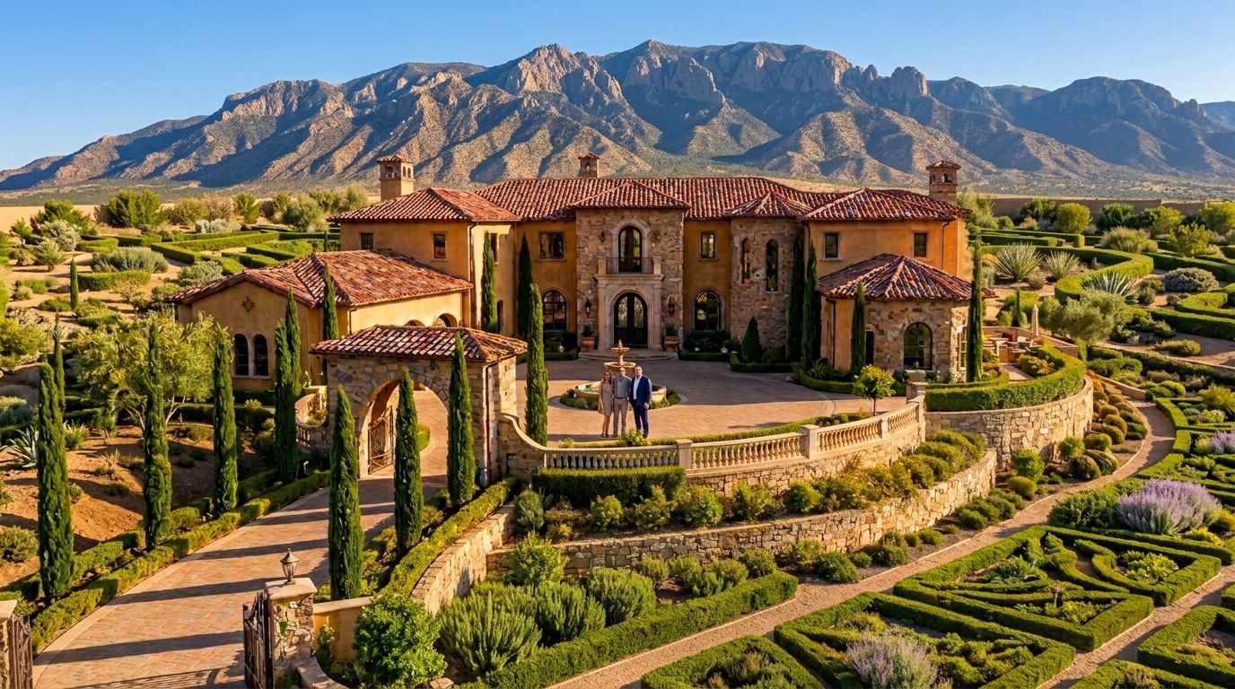 Illustration of a Mediterranean-style estate below a mountain range