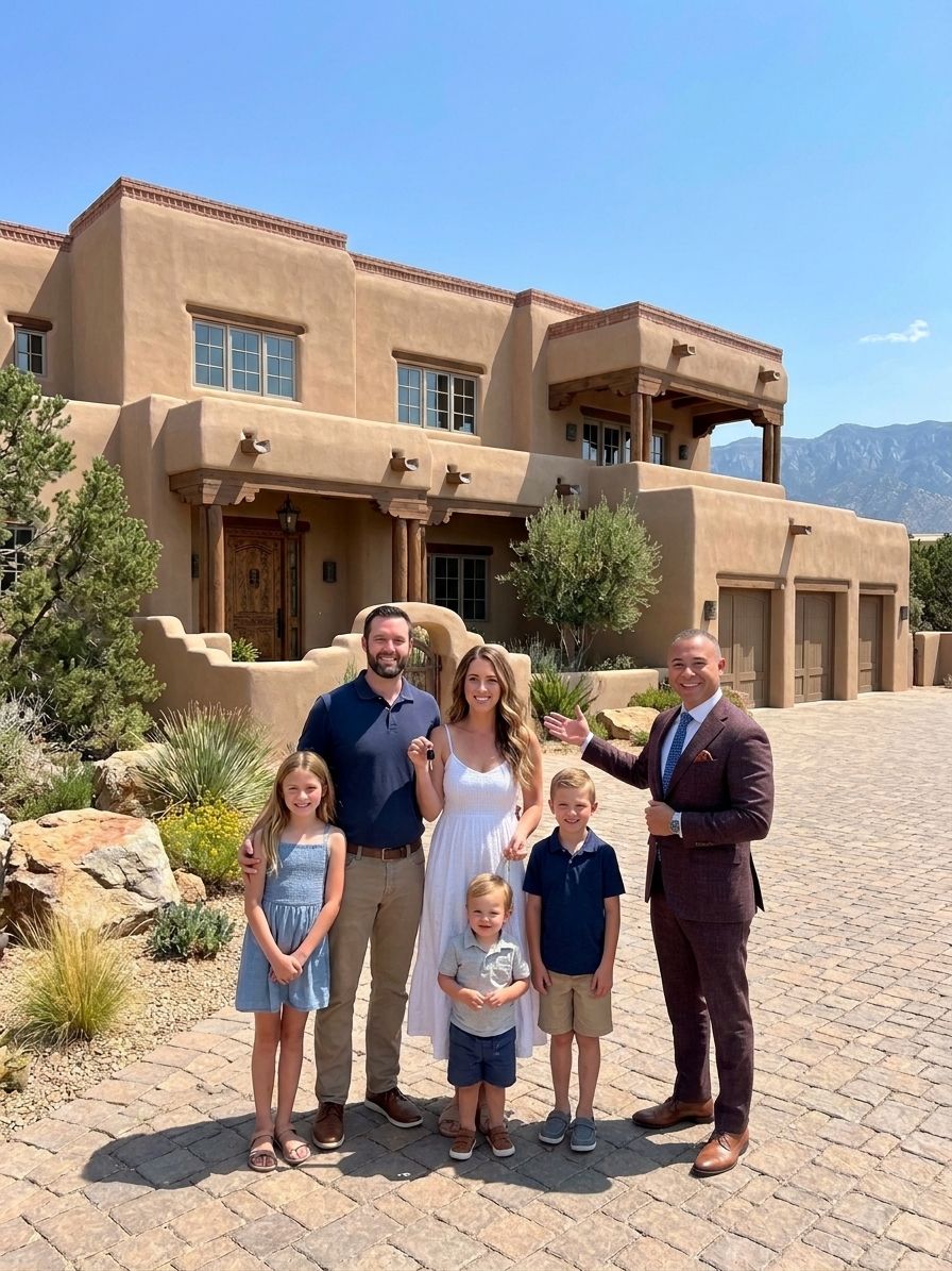 Illustration of a family outside a Pueblo Revival home at closing